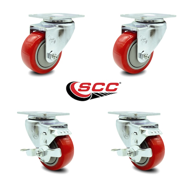 3.5 Inch Red Polyurethane Wheel Swivel Top Plate Caster Set With 2 Brakes SCC
